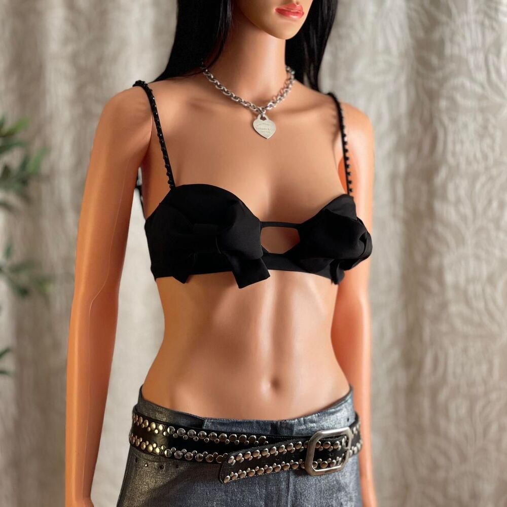 NWT Nasty Gal Black Bow Cutout Bralette Beaded Straps Coquette Party Top Size 0